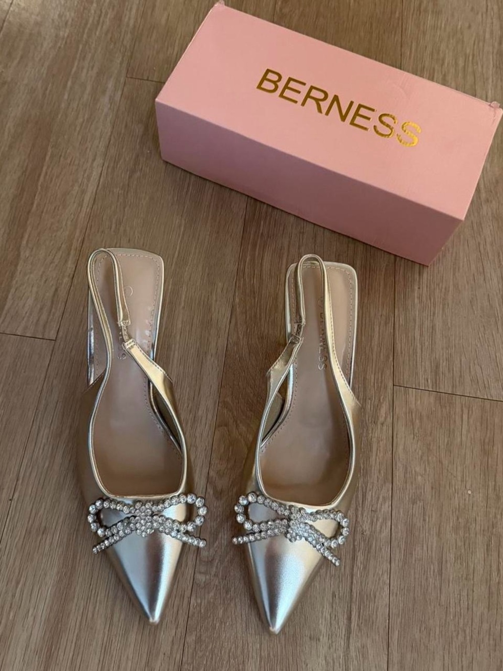 Gold Embellished Pointed-Toe Slingback Heels - Picture 3 of 6